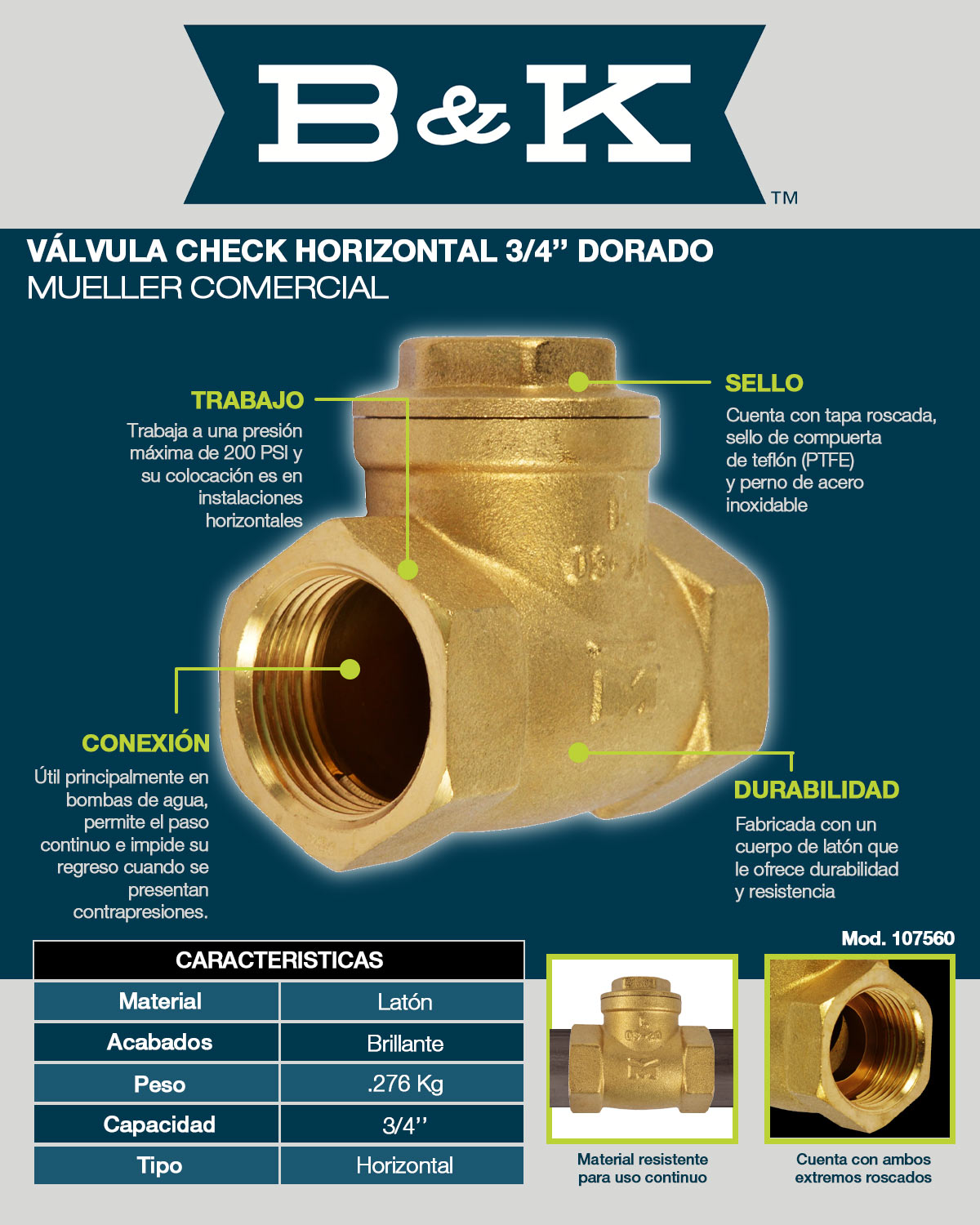 V Lvula Check Horizontal De Pulgada Dorado Mueller Comercial The