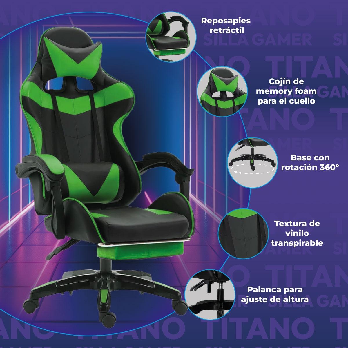 SILLA GAMER ERGONÓMICA RECLINABLE CON DESCANSA PIES COLOR VERDE The