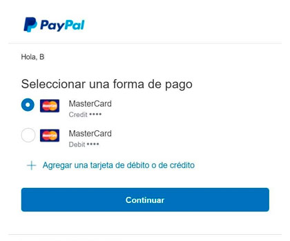 Selección de forma de pago PayPal