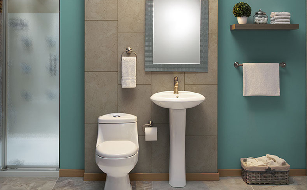 Cuarto de baño con sanitario y lavabo color blanco y paredes aqua