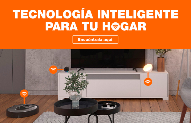 Espacio con productos inteligentes con la leyenda: Tecnología inteligente para tu hogar, encuentralá aquí