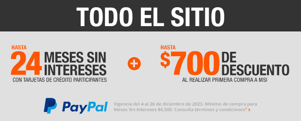 Banner Precios Bajos 2023 - Paypal - Hasta 24 MSI con tarjetas de crédito participantes y hasta $700 pesos de descuento en tu primer compra a MSI