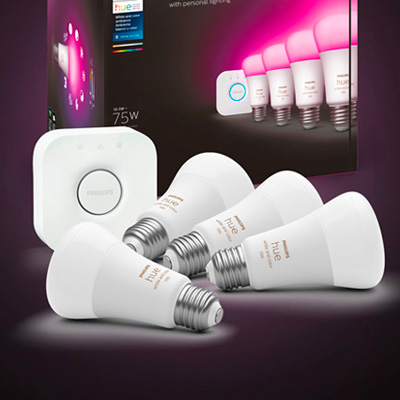 Kit básico de bombillas LED inteligentes Philips Hue A19, 4 bombillas A19,  1 Hue Hub, multicolor, juego de 5 piezas