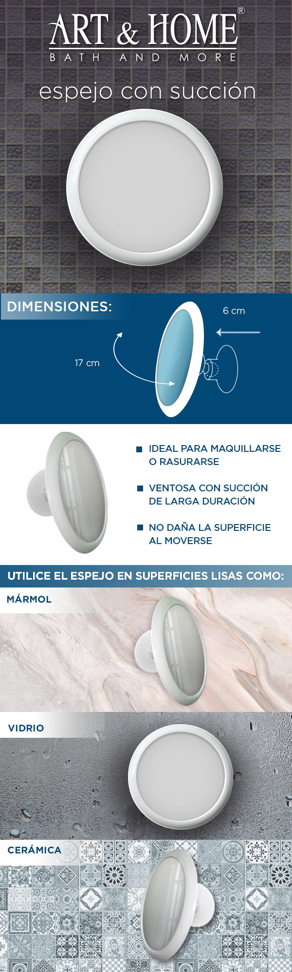 Espejo Redondo con Succión Art & Home
