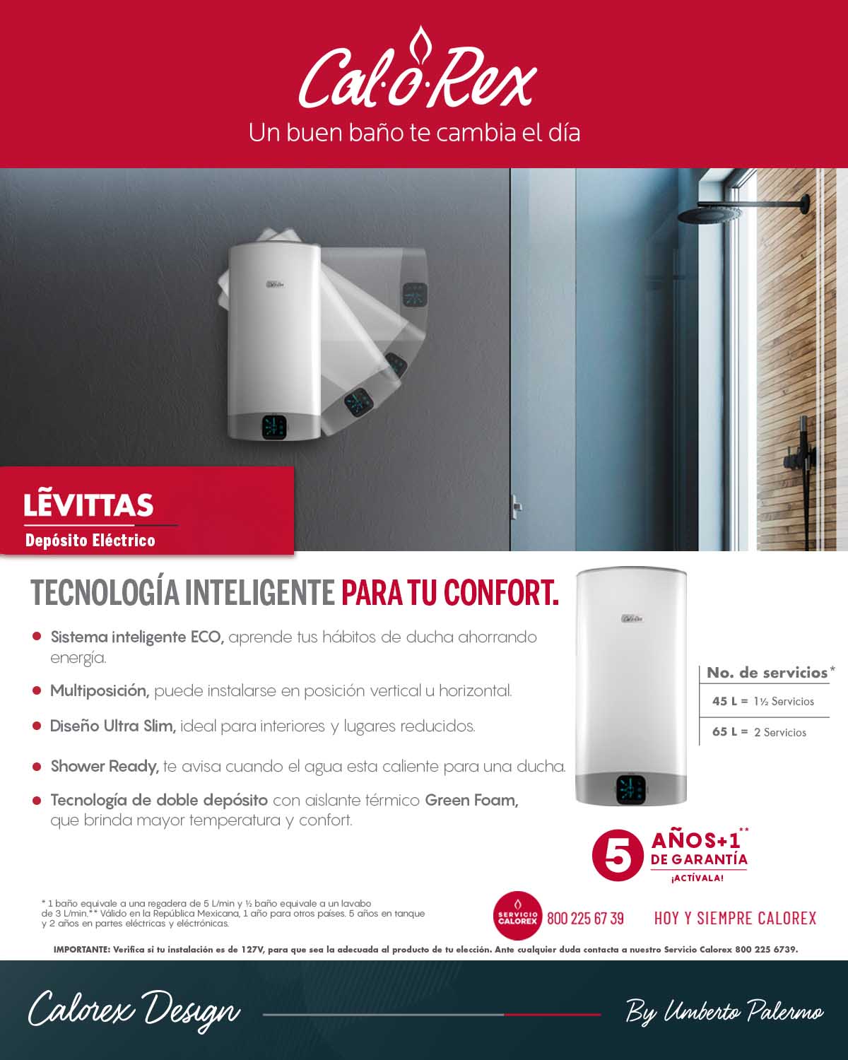 Calentador de Agua Eléctrico Deposito LÉVITTAS 65L Calorex Design