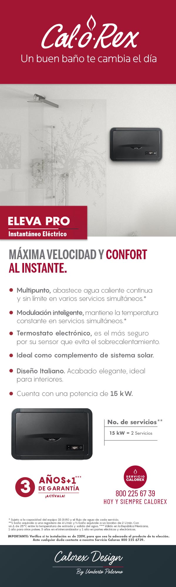 Calentador de Agua Eléctrico Instantaneo ELEVA PRO 15 Calorex Design