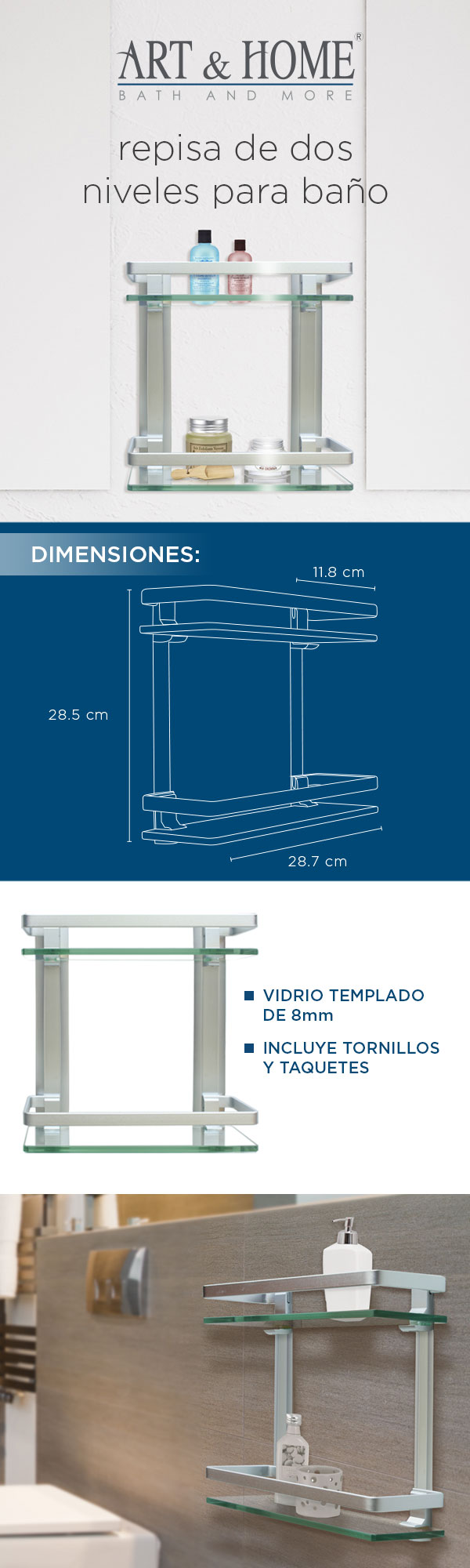 Repisa de Aluminio para Baño Dos Niveles HB-5844