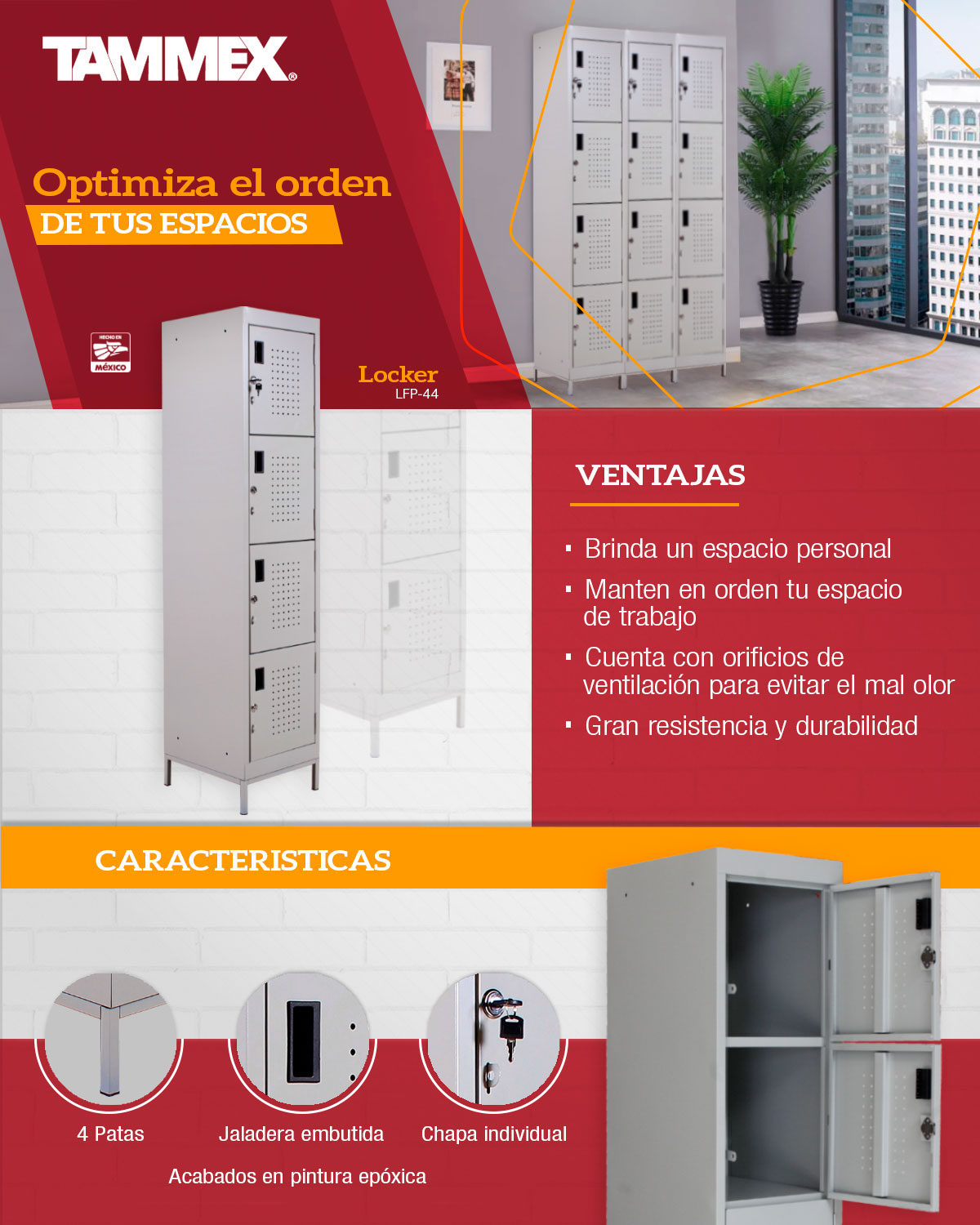 LOCKER DE ACERO C/PATAS LFP44. 4 PUERTAS C/CHAPA Y PORTACANDADO The