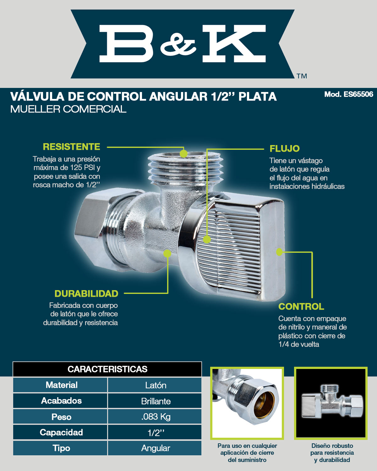 VÁLVULA DE CONTROL ANGULAR 1/2 PULGADA PLATA MUELLER COMERCIAL | The ...