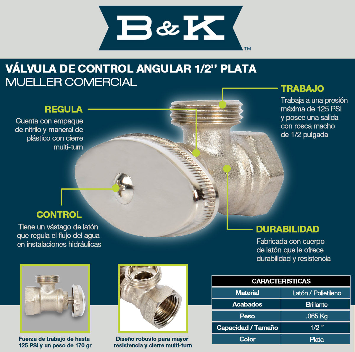 VÁLVULA DE CONTROL ANGULAR 1/2 PULGADA PLATA MUELLER COMERCIAL | The ...