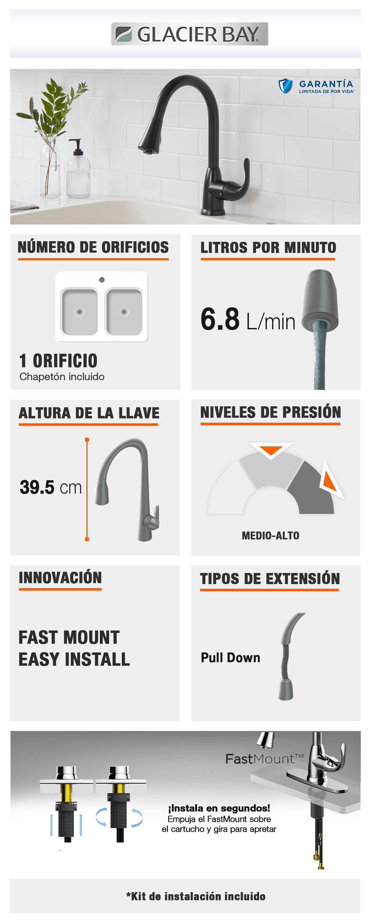 LLAVE MEZCLADORA MONOMANDO PARA COCINA X X CM MATE