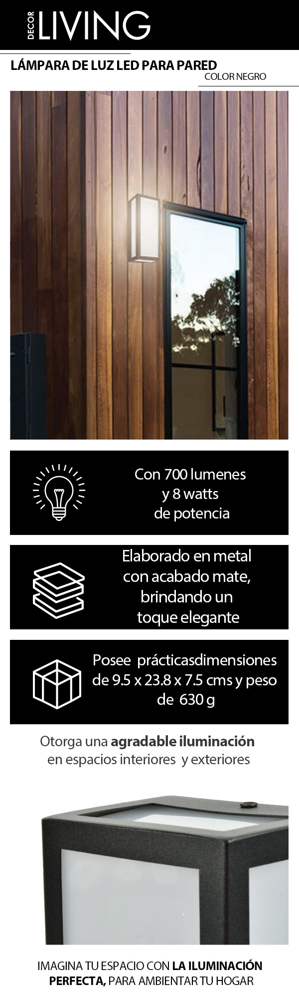 LÁMPARA PARA PARED LED 23.80 X 9.50 X 7.50 CM NEGRO