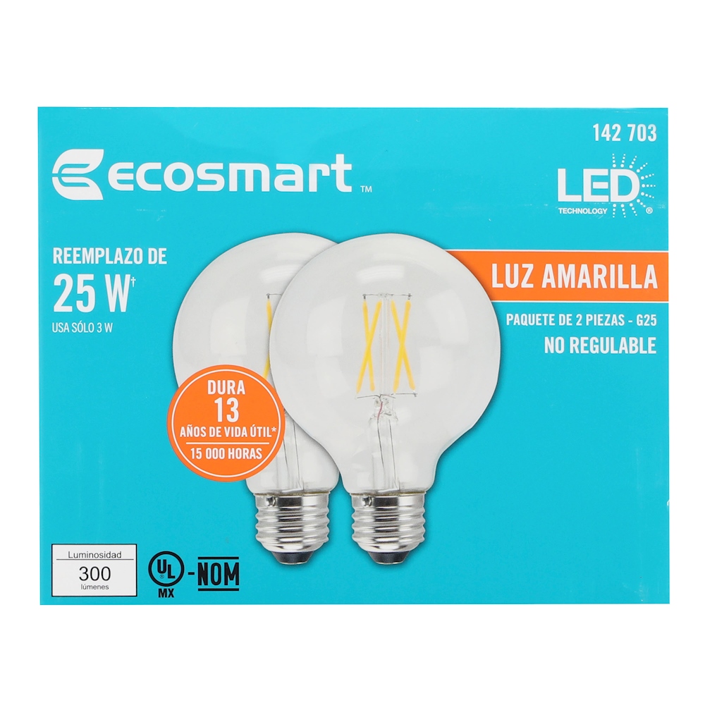 FOCO LED G25 ECOSMART 3 WATTS 300 LÚMENES LUZ AMARILLA 2 PIEZAS The