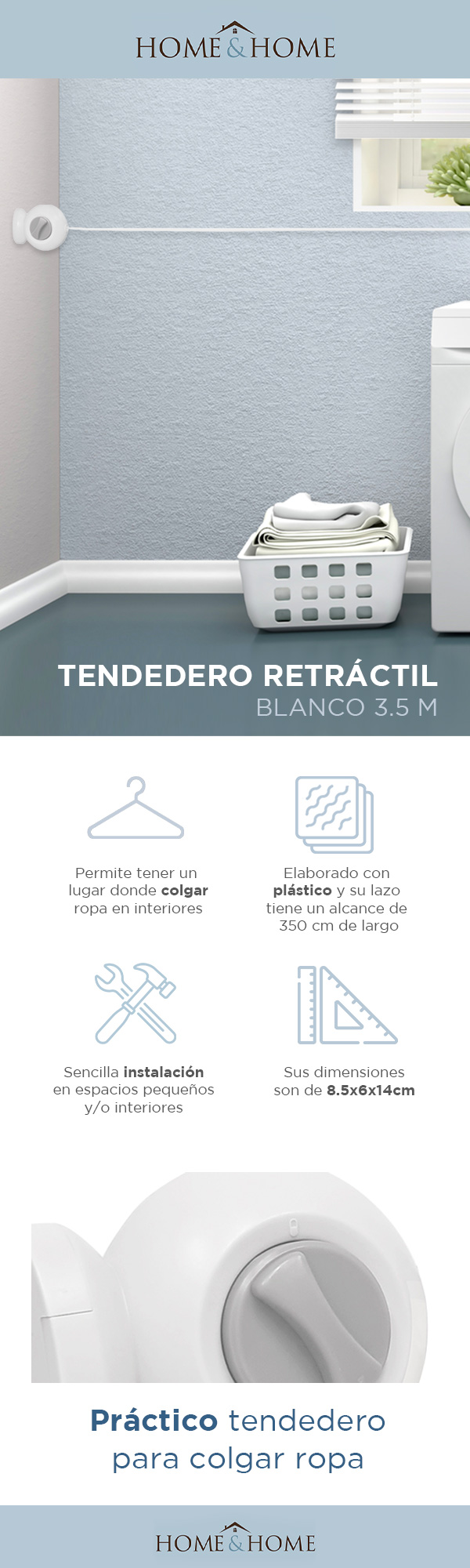 TENDEDERO RETRÁCTIL 3.5 METROS 8.5 X 6 X 14 CM BLANCO