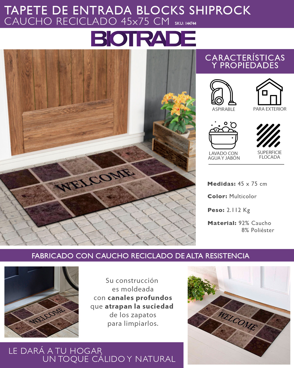 TAPETE DE ENTRADA BLOCKS SHIPROCK RECICLADO 45X75 CM The Home