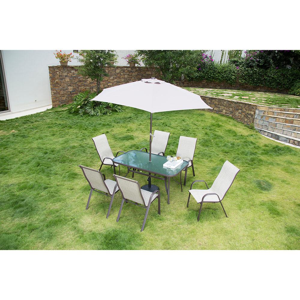 COMEDOR DE JARDÍN RENBURY BEIGE 6 SILLAS TELA ESTRUCTURA DE ACERO The