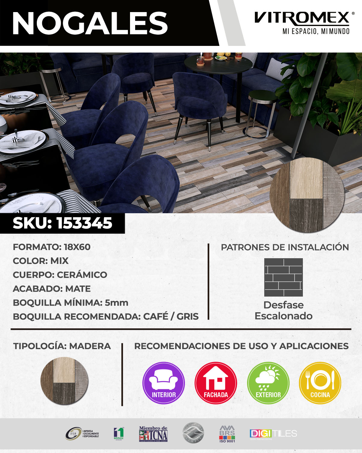 PISO CERÁMICO NOGALES 18 X 60 CM CAJA CON 1.64 M2 The Home Depot México