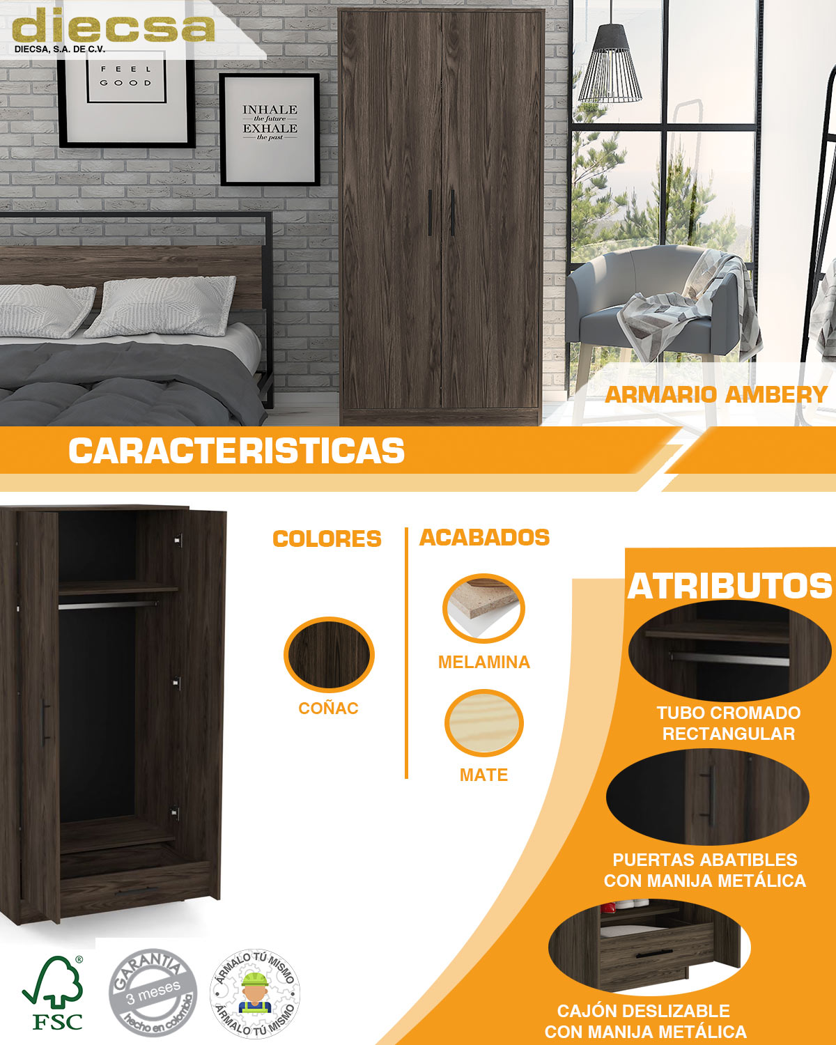 ARMARIO ARMABLE DE AGLOMERADO CON MELAMINA 180 X 80 X 50 CM COÑAC The