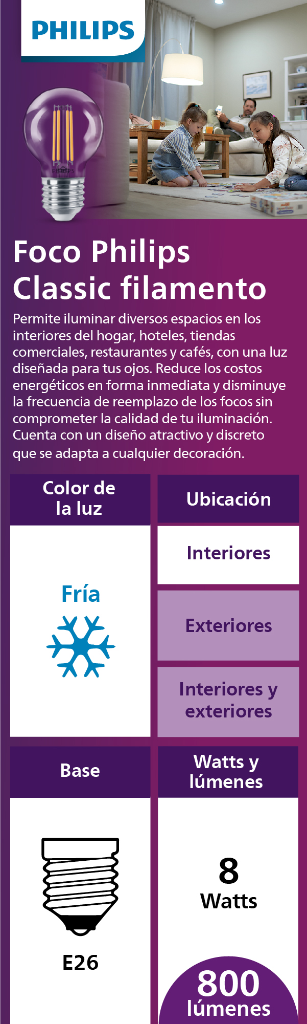 FOCO PHILIPS LED FILAMENTO A19 BASE E27 LUZ CÁLIDA 8W(60W) | The Home Depot  México