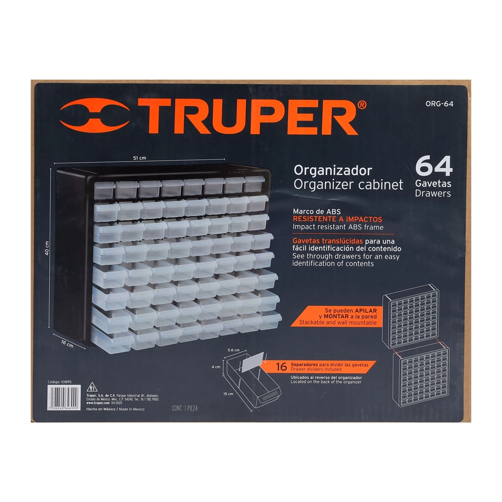 Organizador con 64 gavetas compartimientos Truper – Arca Electrónica