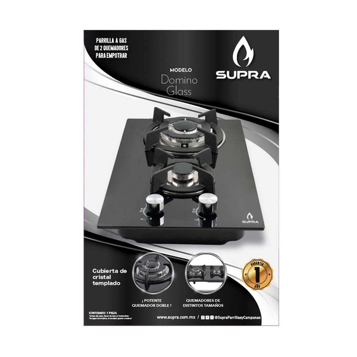 Supra Parrilla Empotrable De 2 Quemadores De 32 Cm Con Cubierta De Cristal Templado The Home 3929