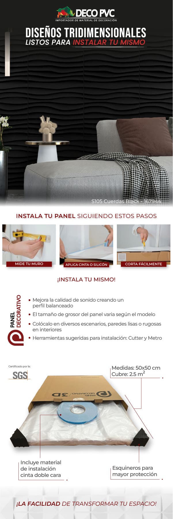 PANEL 3D CUARZO NEGRO 50 X 50 CM CAJA CON 2.5 M2 | The Home Depot México