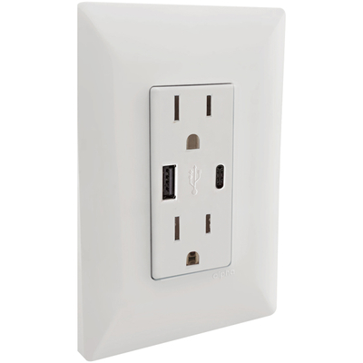 CONTACTO DÚPLEX CON TOMA DE CARGA USB TIPO A Y TIPO C CON PLACA DE PARED BLANCO