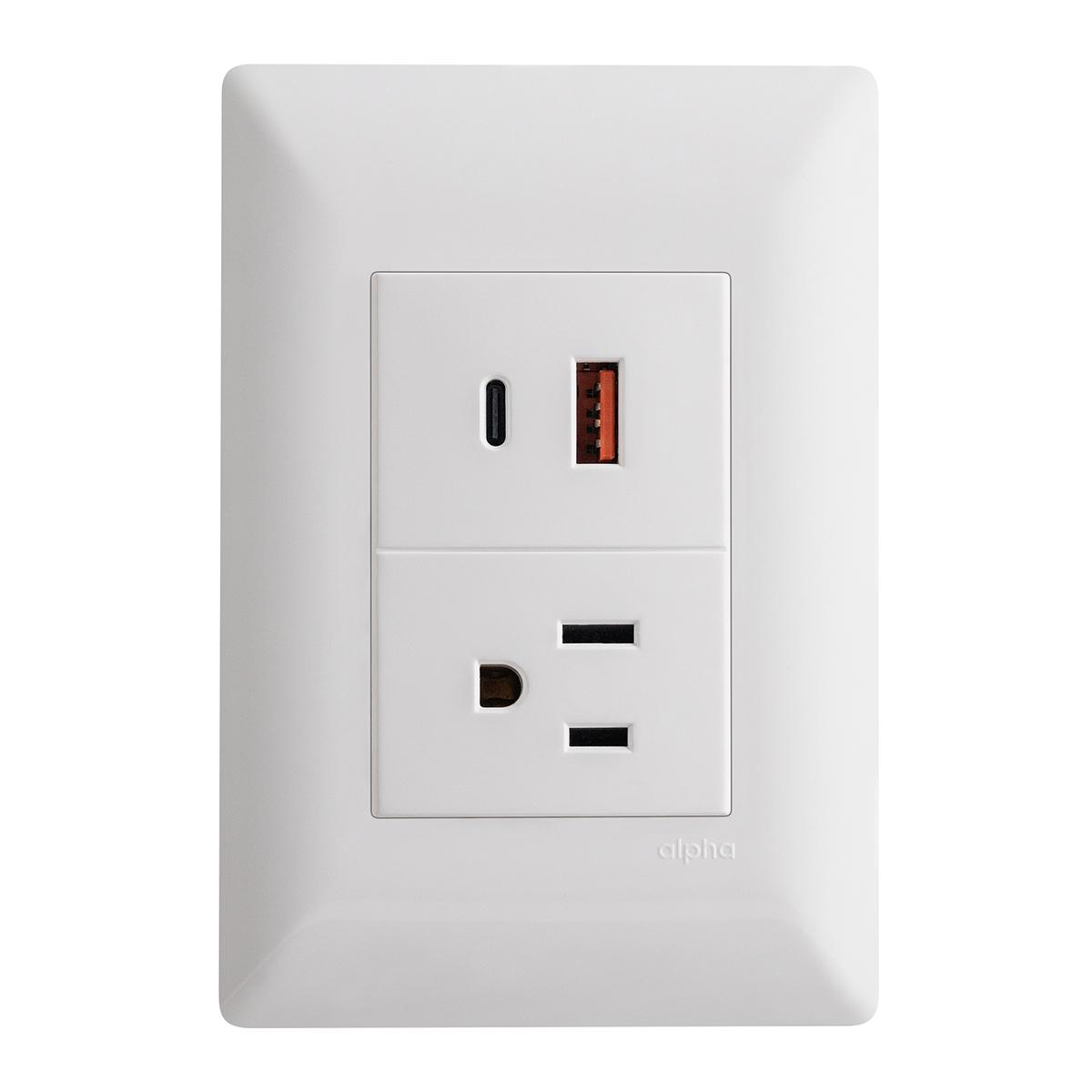Contacto con 2 tomas de carga usb tipo a y placa de pared blanco
