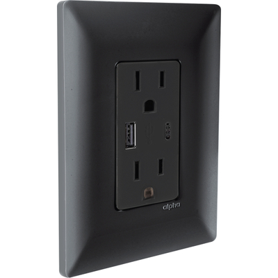 CONTACTO DÚPLEX CON TOMA DE CARGA USB TIPO A Y TIPO C CON PLACA DE PARED NEGRO