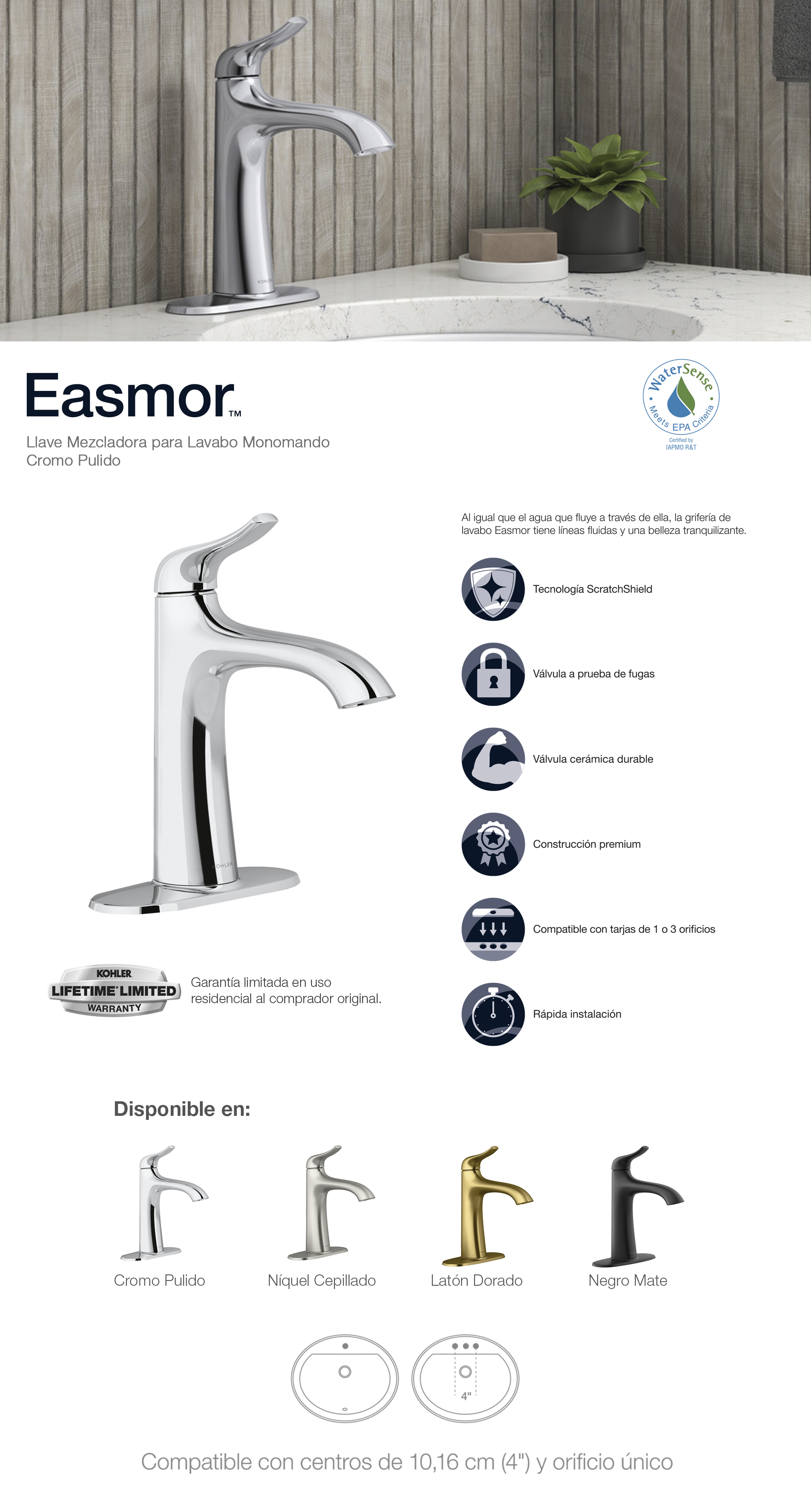 LLAVE MEZCLADORA PARA LAVABO MONOMANDO EASMOR CROMO PULIDO The