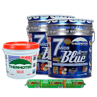 COMBO 2 IMPERMEABILIZANTE ACRÍLICO FIBRATADO FOTOSENSIBLE BLANCO 19 L 1 SELLO 1 SELLADOR POLIURETANO
