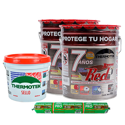 COMBO 2 IMPERMEABILIZANTES ACRÍLICO FIBRATADO 7 AÑOS TERRACOTA 19 L 1 SELLO 1 SELLADOR POLIURETANO