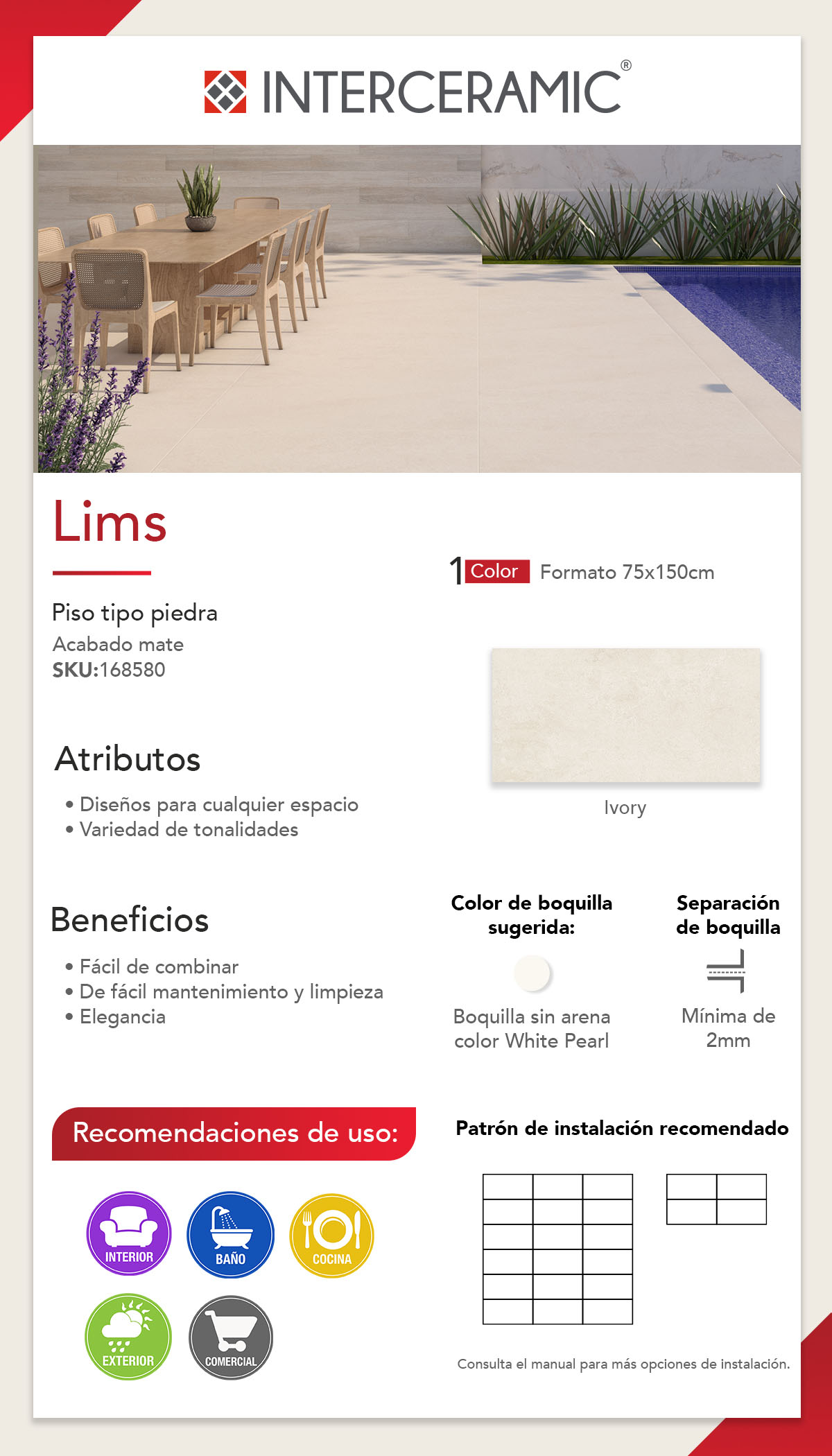 PISO PORCELÁNICO LIMS IVORY 75 X 150 CM CAJA CON 2.25 M2 The Home