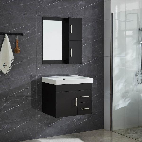 MUEBLE PARA BAÑO FLOTANTE VICTORIA 24" NEGRO PVC CON ESPEJO Y LAVABO