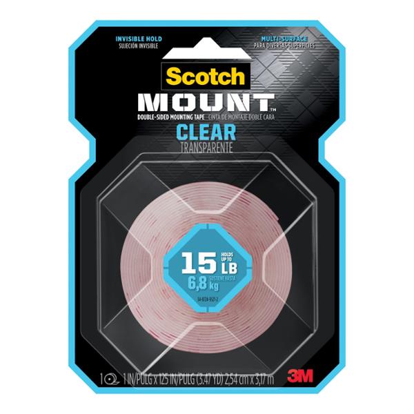 CINTA DOBLE CARA SCOTCH 3M PARA MONTAJE TRANSPARENTE, 25 MM X 3.2 M, SOPORTA HASTA 6.8 KG