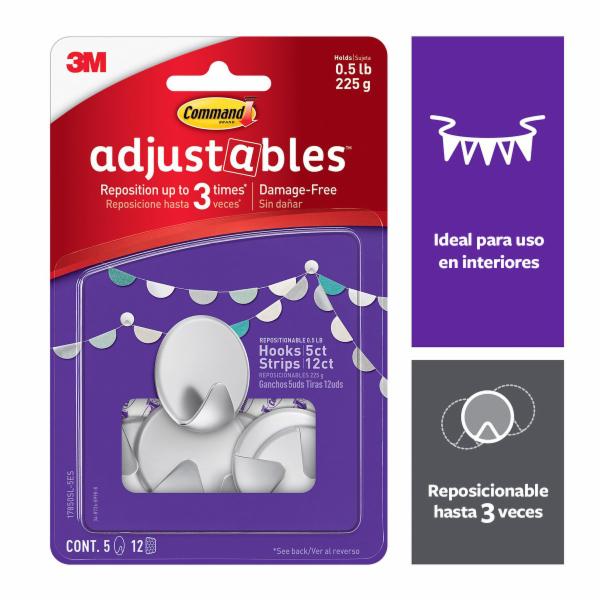 COMMAND GANCHOS REPOSICIONABLES PLATA, 5 PZAS