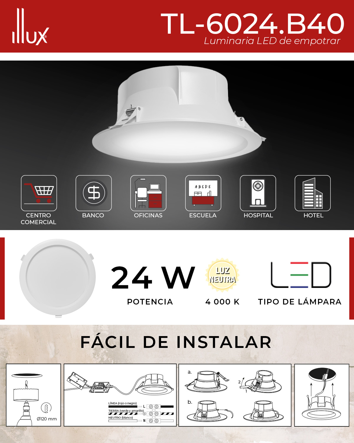 Lámpara Illux para empotrar con LED 24W TL-6024.B | The Home Depot México