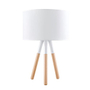 LÁMPARA DE MESA, MADERA CON TRIPIÉ Y PANTALLA DE TELA COLOR BLANCO