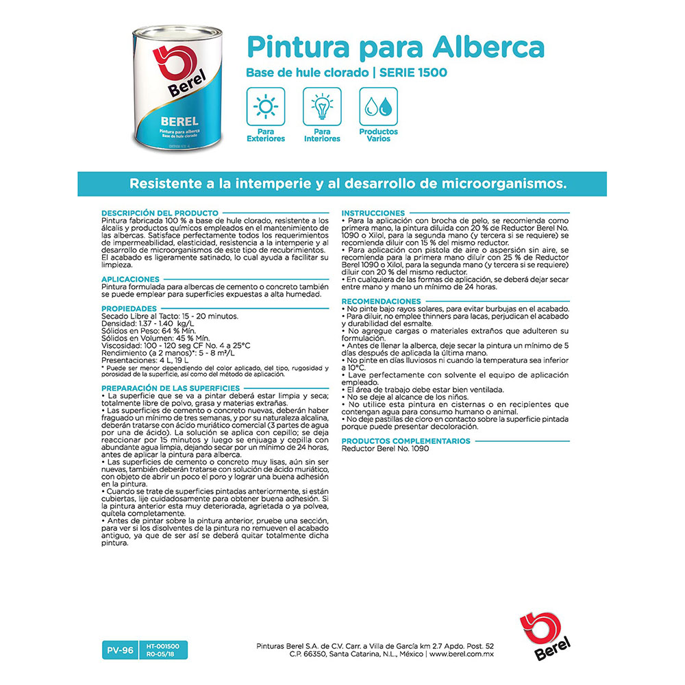 PINTURA PARA ALBERCA BEREL BASE DE HULE CLORADO BLANCO 4 L | The Home Depot  México