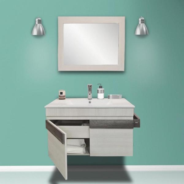 MUEBLE PARA BAÑO FLOTANTE RIVERA UNO 34" BEIGE MDP CON LAVABO, MONOMANDO, ESPEJO Y TOALLERO