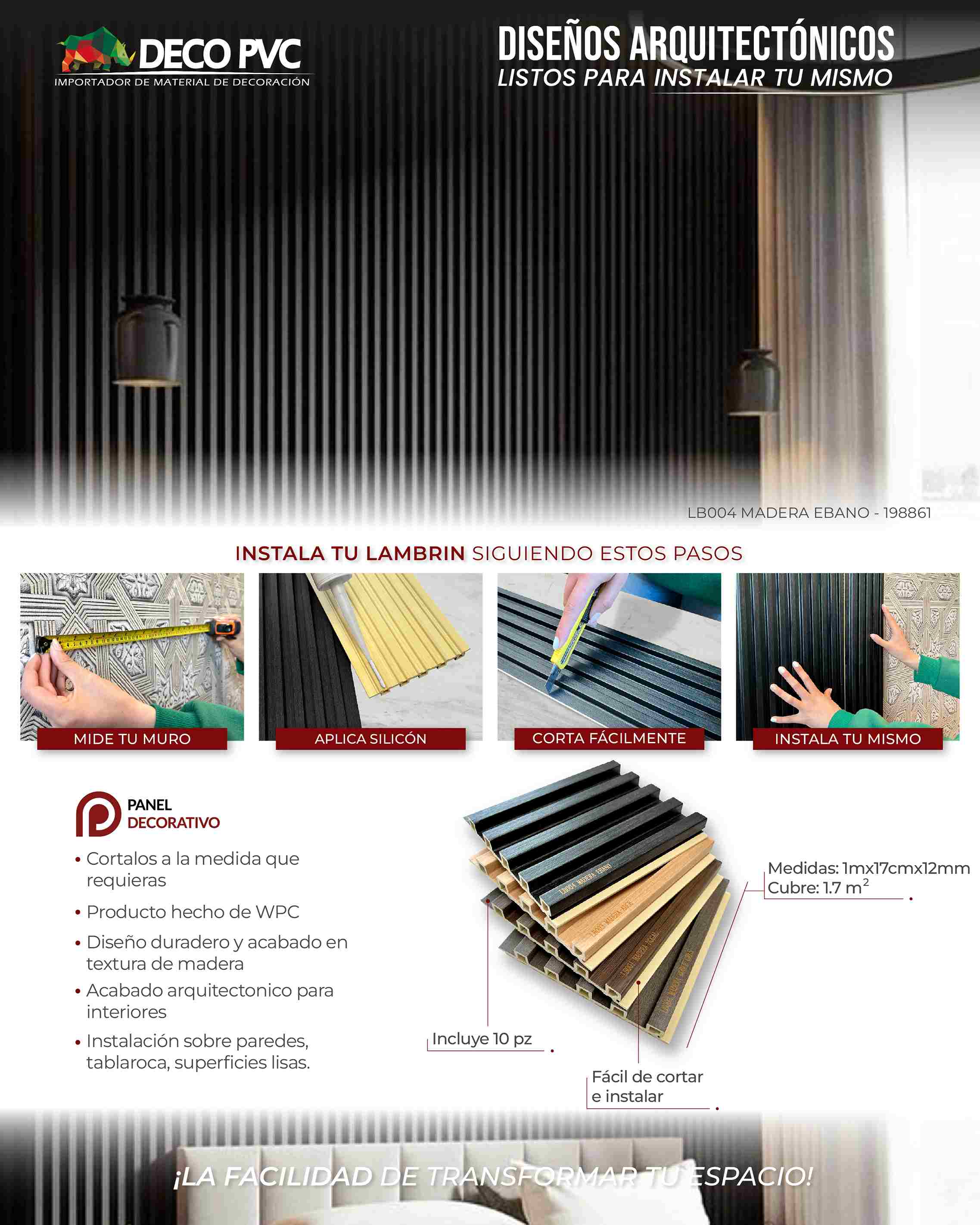 LAMBRÍN DECORATIVO PARA MUROS EN WPC TIPO MADERA / 10 PIEZAS DE 100 X17 ...