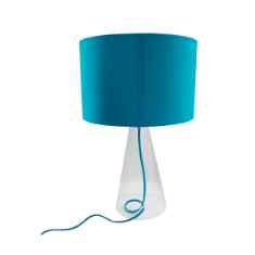 lámpara de mesa base vidrio pantalla y cable color azul