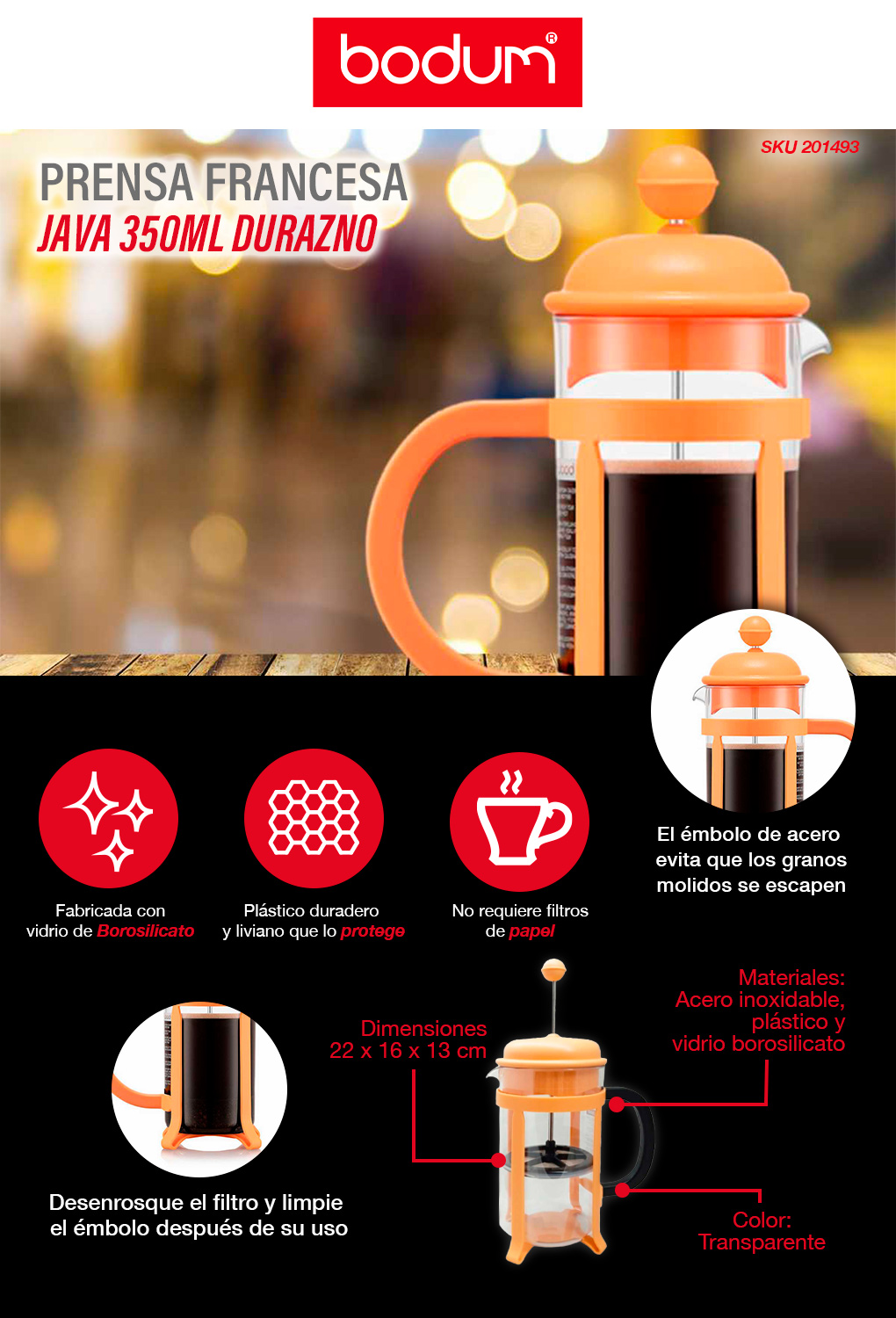 CAFETERA PRENSA FRANCESA JAVA 350ML DURAZNO, BODUM | The Home Depot México