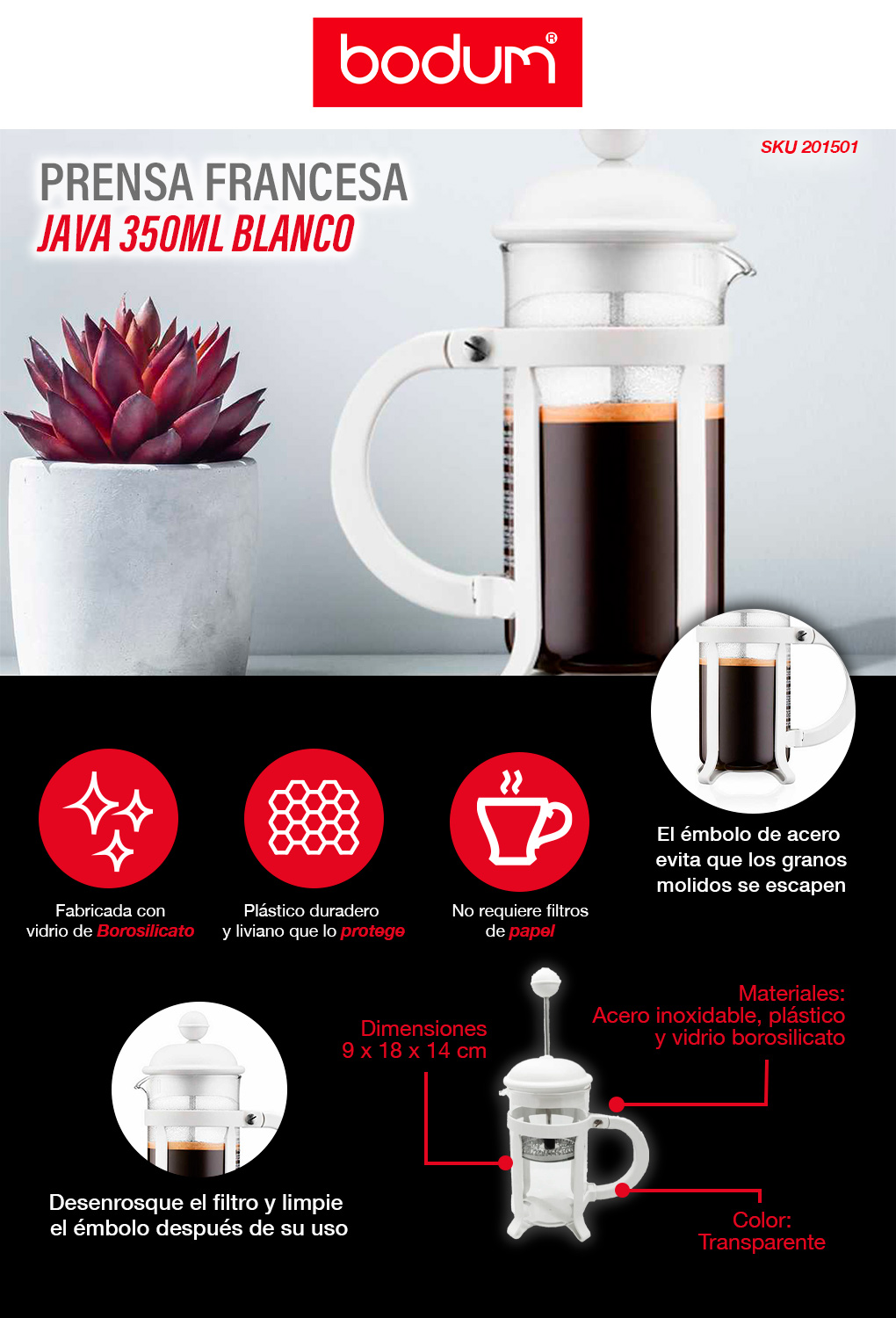 CAFETERA PRENSA FRANCESA JAVA 350ML BLANCO, BODUM | The Home Depot México