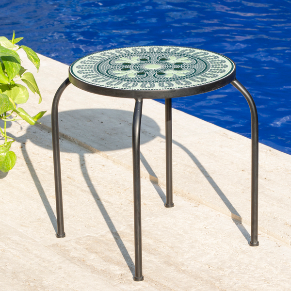 MESA DE JARDÍN VERDE/NEGRO REDONDA CERÁMICA ESTRUCTURA DE METAL 42.41 X 48.5 CM