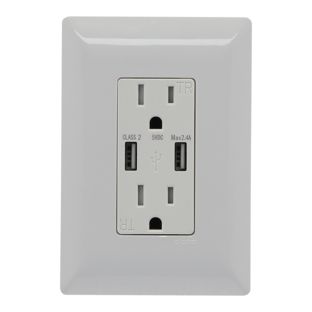 Contacto duplex con 2 puertos usb tipo a y placa de pared blanco