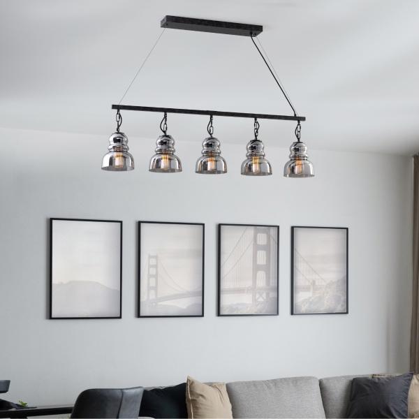 LÁMPARA COLGANTE VINTAGE DE VIDRIO GRIS AHUMADO 5 LUCES