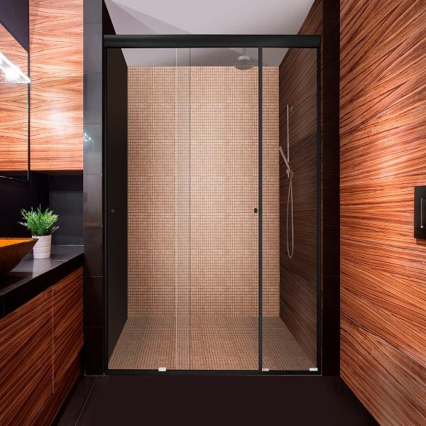 CANCEL PARA BAÑO 176 A 180 X 187 CM RECTANGULAR CRISTAL TEMPLADO NEGRO FIJO Y DOBLE CORREDIZO