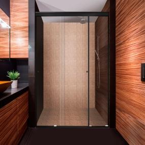 CANCEL PARA BAÑO 176 A 180 X 187 CM RECTANGULAR CRISTAL TEMPLADO NEGRO FIJO Y DOBLE CORREDIZO