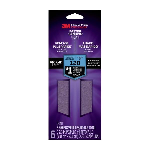 3M PRO GRADE PRECISION HOJAS DE LIJADO MÁS RÁPIDO, GRANO 120 MEDIANO, PAQ C/6